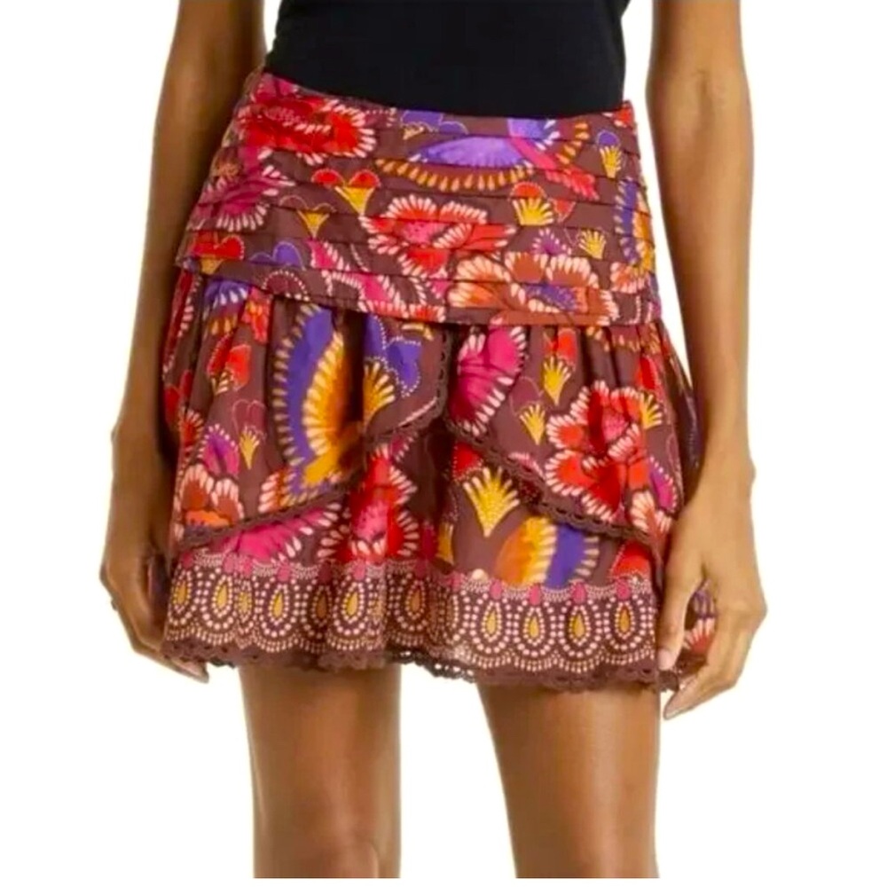 Farm Rio Bright Flora Brown Mini Skirt M